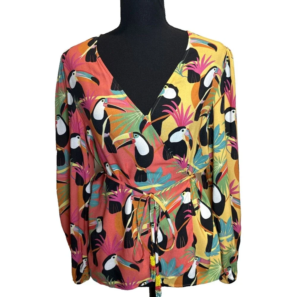 Farm Rio for Anthropologie Rainforest Toucan Wrap Blouse Size XS Beaded Tassel